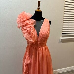 Peach Ruffled Sleeved Evening dress
